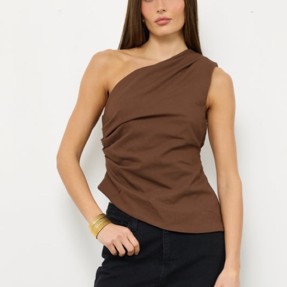 Meshki Elegant Linen Brown One-Shoulder Top